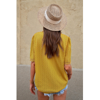 Yellow Lace Splicing V-Neck Swiss Dot Short Sleeve Top