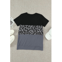 Black Leopard Print Color Block Short Sleeve T-Shirt