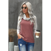 Gray Cowl Neck Stripe Splice Casual Long Sleeve Top