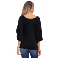 Black Layered Sleeves Ruffled Off Shoulder Blouse