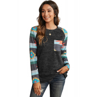 Gray Aztec Print Pocket Long Sleeve Top