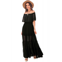 Black Off Shoulder Ruffle Swiss Dot Maxi Dress