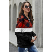 Red Plaid Color Block Zipper Turn Down Collar Long Sleeve Top