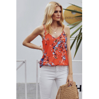 Orange Floral Print Button Up Tank Top