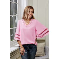 Pink V Lace Neckline 3/4 Bell Mesh Sleeves Blouse