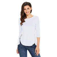 White Button Slit Detail Long Sleeve Top