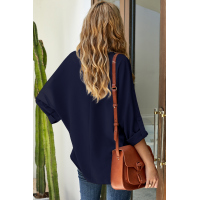 Blue V Neck 3/4 Sleeve High Low Hem Shirt