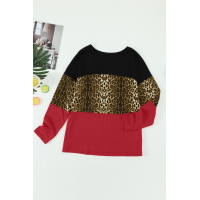 Burgundy Colorblock Leopard Patchwork Long Sleeve Top