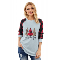 Red Plaid Splice Christmas Tree Print Long Sleeve Top