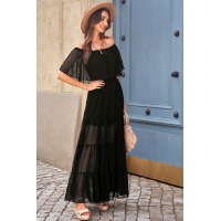 Black Off Shoulder Ruffle Swiss Dot Maxi Dress