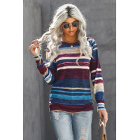 Blue Striped Tie Dye Knit Long Sleeve Top