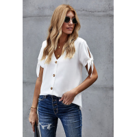 White Casual Tie Knot Short Sleeve V-Neck Button Chiffon Blouse