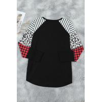 Black Crew Neck Print Splice Waffle Knitted Long Sleeve Top