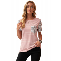 Pink Striped Short Sleeve Contrast Color T-Shirt with Pocket