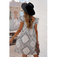 Square Neck Flutter Sleeve Bohemian Print Mini Dress