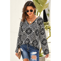 Black Long Sleeve V Neck Printed Chiffon Blouse