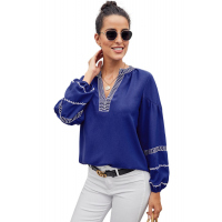 Blue V Neck Bohemian Printed Lantern Sleeve Blouse