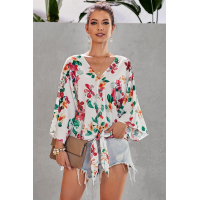 Multicolor Floral Printed Deep V Neck Tie Front Blouse