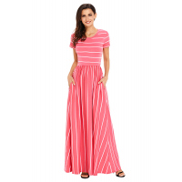 White Striped Rosy Short Sleeve Maxi Dress