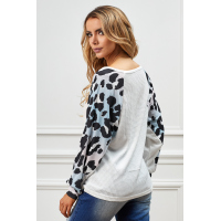 White Leopard Sleeve V Neck Waffle Top