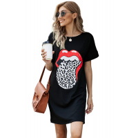 Black Lip Print Summer Casual Tee Mini Dress