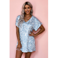 Blue V-Neck Half Sleeve Leopard Casual T Shirt Dress with Pockets