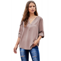 Khaki Casual V Neck Zip up Half Sleeve Blouse