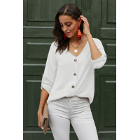 White Button Detail Roll Up Sleeve Blouse