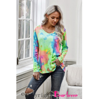 Green Tie-dye V Neck Long Sleeves Top