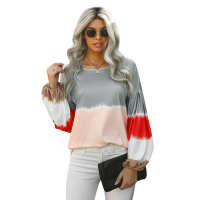 Gray Ombre Tie-dye Colorblock Lantern Sleeves Top