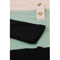 V-neck Color Block Button Waffle Knit Pullover