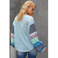 Sky Blue Striped Colorblock Long Sleeve Knit Top