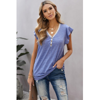 V Neck Buttoned Lace Trim Short Sleeve Tee