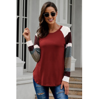 Color Block Long Sleeves Burgundy Pullover Top