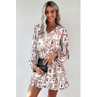 Apricot V Neck Lantern Sleeves Floral Tunic Dress