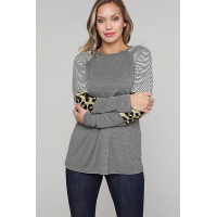 Gray Striped and Leopard Color Block Sleeves Top