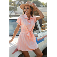 Pink Polka Dot Shirt Collar Short Sleeve Mini Dress