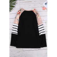 Black Striped Floral Long Sleeve Top