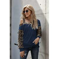 Blue Dew Shoulder Leopard Stitching Long-sleeved Blouse