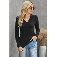 Black V-neck Button Solid Color Long Sleeve Top