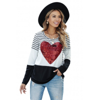 Black Heart Sequins Striped Long Sleeve Top