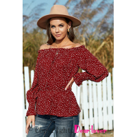 Red Polka Dot Off Shoulder Ruffle Long Sleeve Top