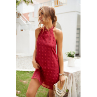 Red Pompom Mock Neck Sleeveless Shift Mini Dress