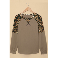 Khaki Leopard Stitching Long Sleeve Top