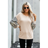 Khaki Leopard Striped Print Sleeve Colorblock Top