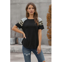 Black Striped Leopard Print Short Sleeve Women T-shirt