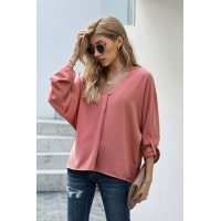 V Neck 3/4 Sleeve High Low Hem Shirt