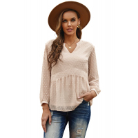 Beige V Neck Dotted Baby-doll Long Sleeve Top