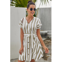 Khaki Fashion Stripe Short Sleeve Casual Dress