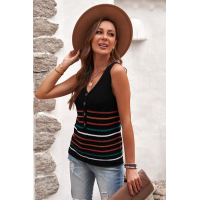 Black V Neck Striped Pattern Knit Tank Top with Buttons